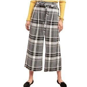 Anthropologie Ett Twa Black White Pink Plaid Woven Crop Wide Leg Belted Pants 4